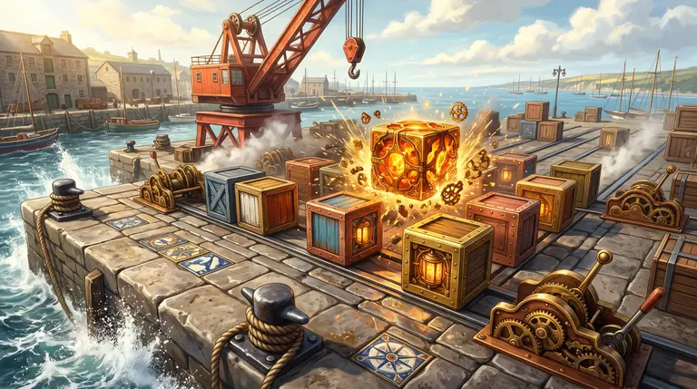A four-by-four harbour rail grid where sliding timber, copper and gilded brass cargo cubes collide and merge into a glowing golden master cube.