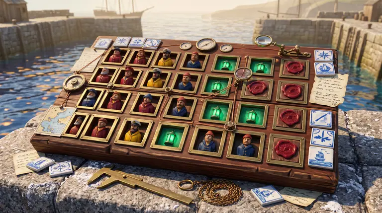 A mahogany and brass harbour deduction grid of carved suspect busts linked by copper clue wires and glowing green and crimson verdict tokens.