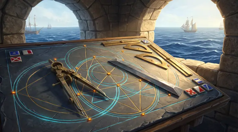 Brass compass-dividers and a steel straightedge inscribing luminous cyan and gold geometric circles and triangles onto a coastal slate drafting table.