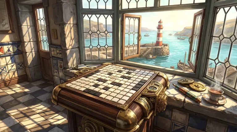 A mechanical walnut and brass crossword grid of ivory and black ceramic squares beside a fountain pen and teacup in a sunlit harbour bay window.