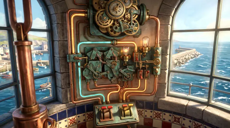 An intricate wall of brass logic gates, copper relays and glowing turquoise and amber vacuum-bulbs inside a sunlit coastal lighthouse tower.