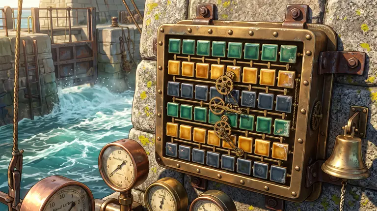 A brass harbour calculator machine showing six rows of glazed ceramic tiles glowing in sea-green, amber and slate-blue beside a sunlit sluice gate.