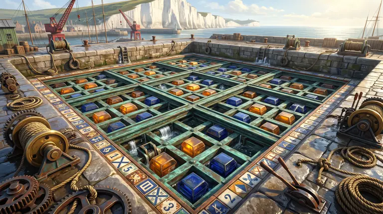 A nine-by-nine stone and verdigris-bronze harbour lock grid divided into nine three-by-three basins filled with glowing sea-glass and brass blocks.