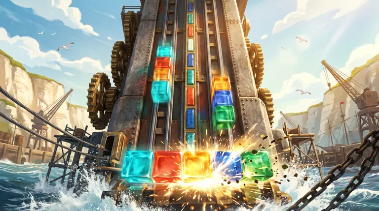 A vertical iron-and-brass harbour tower where glowing colourful four-block sea-glass shapes drop along rails and clear in a flash of golden light.