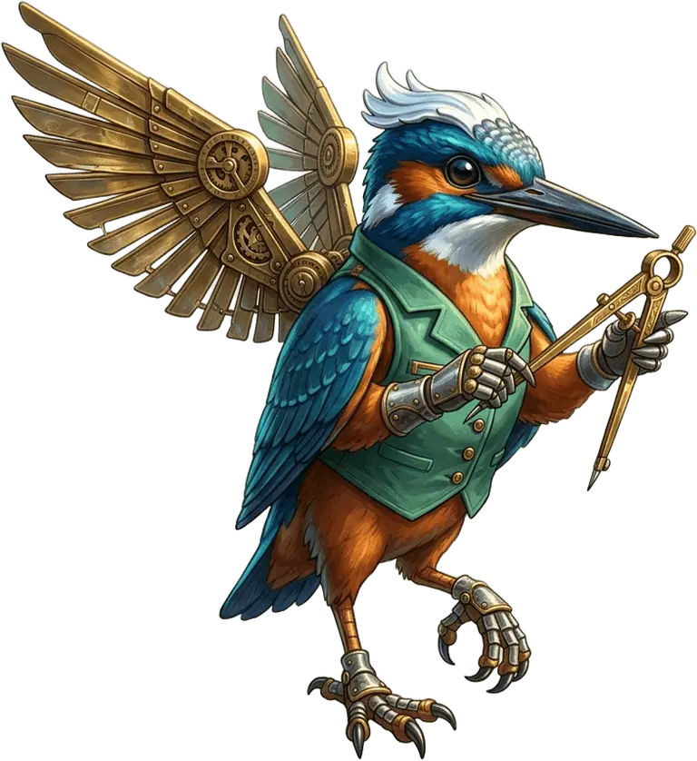 Riddla Quayle, the clockwork kingfisher surveyor with cobalt plumage, brass sextant-wings and golden compass-calipers.
