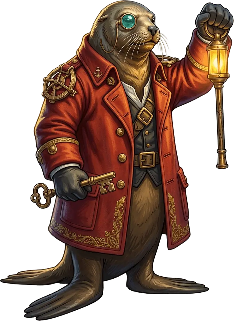 Wharfon Locke, the Steller sea-lion harbourmaster in a vermilion coat with brass astrolabe rings and a glowing amber lantern-staff.