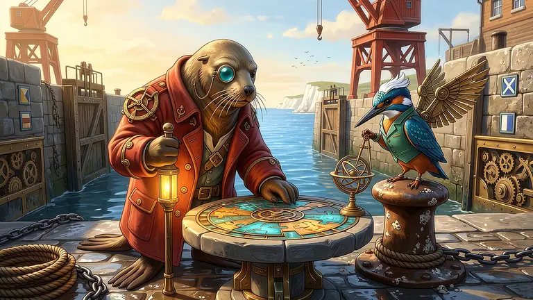 Wharfon Locke the sea-lion harbourmaster and Riddla Quayle the clockwork kingfisher inspecting a glowing brass-and-ceramic puzzle table on the sunlit granite quay of RiddleWharf.