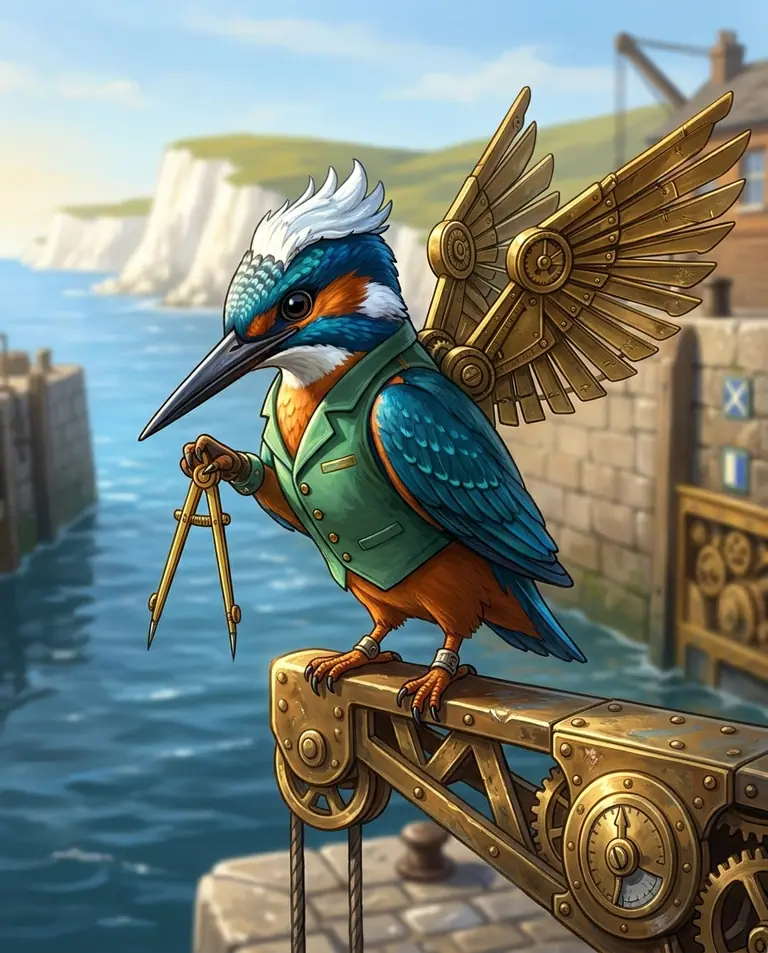 Portrait of Riddla Quayle perched on a brass gantry crane against sunlit chalk cliffs and blue harbour water.