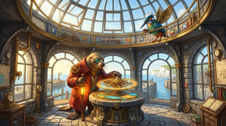 Wharfon Locke aligning a glowing brass tide-orrery inside the glass-domed watchtower while Riddla Quayle sights through the skylight toward the harbour locks.